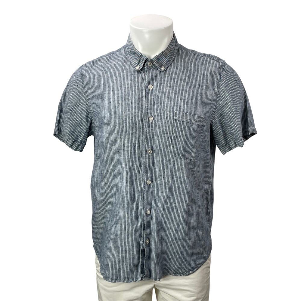 Everlane 100% Linen Blue White Short Sleeves Pinstriped Button Down Shirt Top M